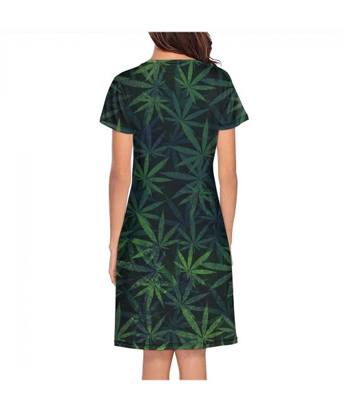 Tops Crewneck Short Sleeve Nightgown Hawaii Printed Nightdress Sleepwear Women Pajamas Cute - Paint Marijuana Leaf - CR18WZ02TEA