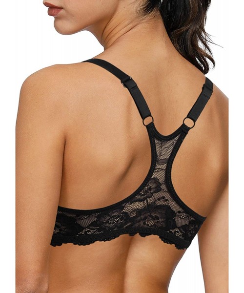 Bras Womens Underwired Padded Push Up Front Closure Racerback Bras T-Back with Lace - Black - CR1930OT5O2