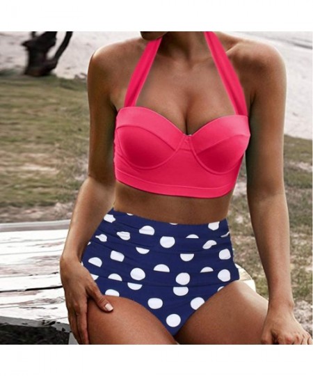 Nightgowns & Sleepshirts Women's High Waist Bikini Swimwear Women's Vintage Print Beachwear Bikini Set Swimwear - C5-watermel...