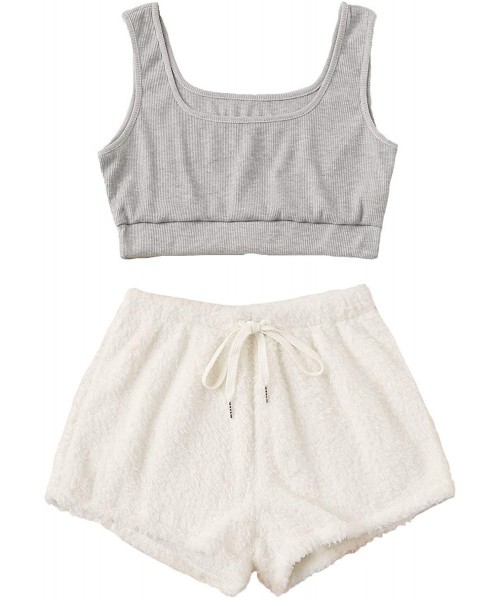 Sets Women's Pajama Set Smooth Fuzzy Shorts and Crop Top Tee Sleepwear Loungewear - White - C719EYAEC50