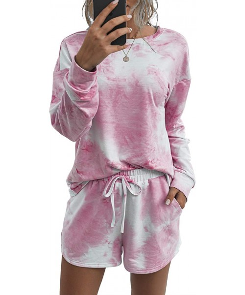 Sets Womens Tie Dye Loungewear Sets Long Sleeve Tops Pajamas Sets Sleepwear Night Shirt - 67 Pink White - CB1999N55NM