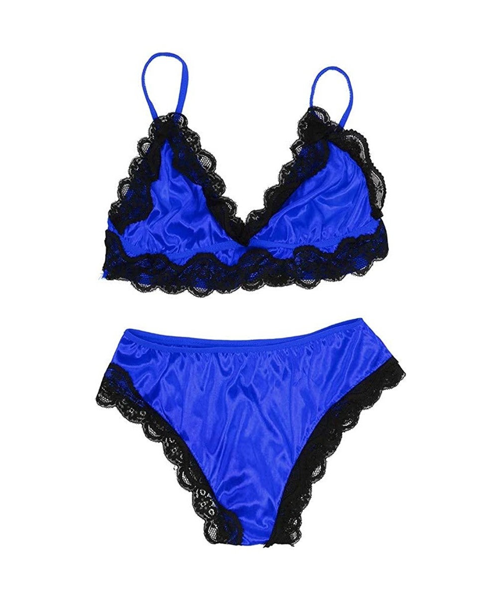 Thermal Underwear Women Lingeries Ladies Babydoll Set Lace Satin Sexy Lingerie Set Bra Underwear Sleepwears - Blue - CS18S62S08M