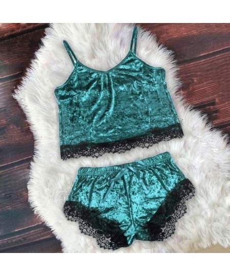 Sets Womens Sexy Lace Velvet 2 Pieces Lingerie Spaghetti Strap Crop Top and Shorts Sleepwear Pajamas Set - Green - CK198U6MQIM