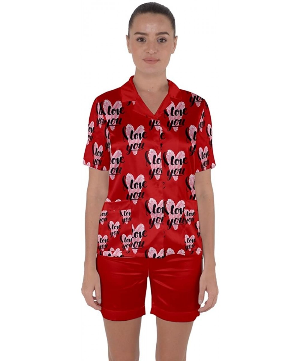 Sets Womens Valentines Day Love Pattern Satin Short Sleeve Soft & Smooth Pajamas Set - Red 2 - CX189XSIETK