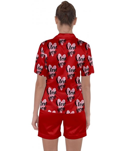 Sets Womens Valentines Day Love Pattern Satin Short Sleeve Soft & Smooth Pajamas Set - Red 2 - CX189XSIETK