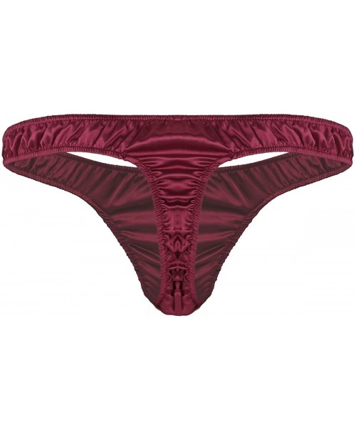 G-Strings & Thongs Men's Shiny Satin Ruffled Low Rise G-String Thong T-Back Sissy Pouch Panties Underwear - Wine Red - CM19D8...