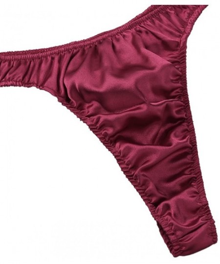 G-Strings & Thongs Men's Shiny Satin Ruffled Low Rise G-String Thong T-Back Sissy Pouch Panties Underwear - Wine Red - CM19D8...