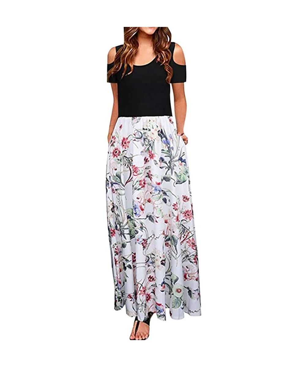 Panties Dresses for Womens- Cold Shoulder Pocket Floral Print Elegant Maxi Short Sleeve Casual - 4952white - CL18QNTKZ8K
