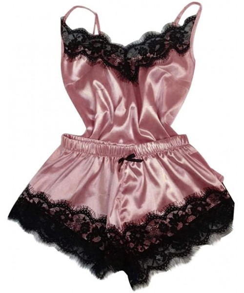 Bottoms Women's Spaghetti Strap Sleepwear Sexy Lace Lingerie Temptation Babydoll Underwear Nightdress - Hot Pink - CU18X2OU9HX