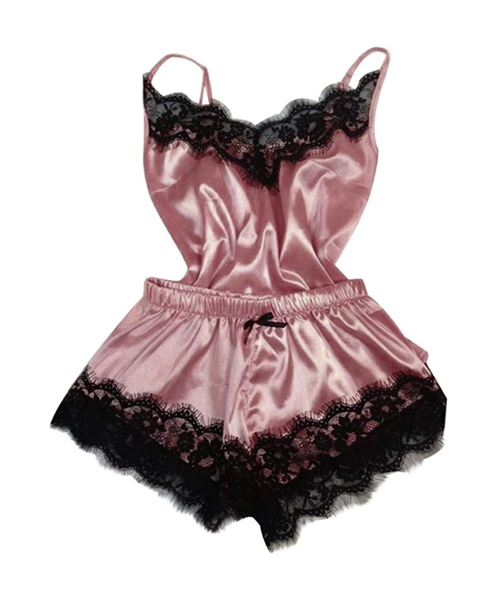 Bottoms Women's Spaghetti Strap Sleepwear Sexy Lace Lingerie Temptation Babydoll Underwear Nightdress - Hot Pink - CU18X2OU9HX