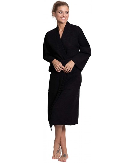 Robes Linen Premium Cotton Blend Lightweight Long Waffle Kimono Bath and Spa Robe - Black - CI18T5G3TS2