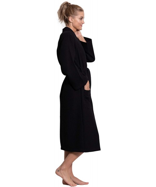 Robes Linen Premium Cotton Blend Lightweight Long Waffle Kimono Bath and Spa Robe - Black - CI18T5G3TS2