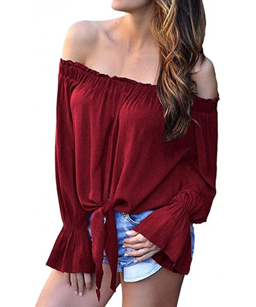 Tops Long Sleeve Shirt for Women Striped Off Shoulder Tie Knot Casual Blouses Tops - Red - CZ18GGR5L2G