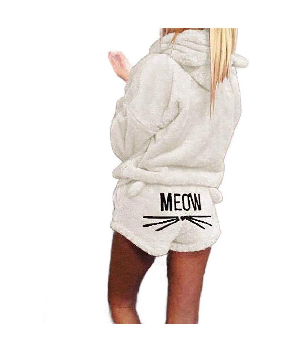 Sets Hoodie Fluffy Pajamas Embroidered Sleepwear Meow Shorts Set - Beige - CW18YMT00Q0