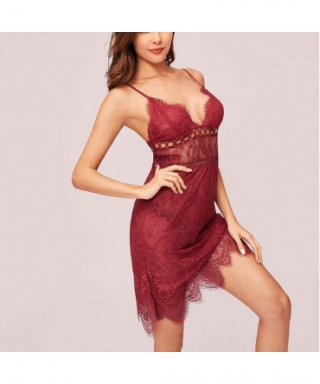Baby Dolls & Chemises Women's Sexy Lace Chemise Nightdress Babydoll Sexy Lingerie Underwear Pajama - Red - C2198E42QKM