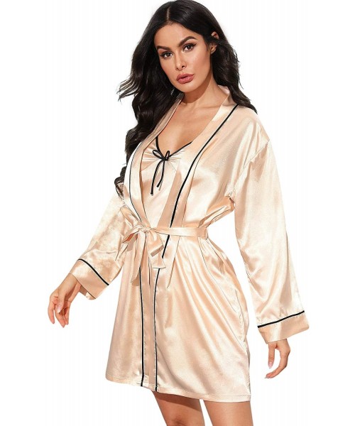 Nightgowns & Sleepshirts Women's Sleepwear Two Piece Lace Satin Cami V Neck Lingerie Dress with Belted Robe - D-gold - CI18Y2...