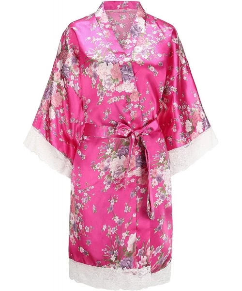 Robes Womens Floral Robes with Lace Hem for Bride Bridesmaid Wedding Bridal Party Sleepwear Night Gowns Bathrobe Rose - CA192...