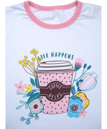 Sets Cute Cotton Pajamas for Women- Cartoon Print Short Sleeve Tee and Shorts Mark Formelle - White T-shirt Coffee Helps + Pi...