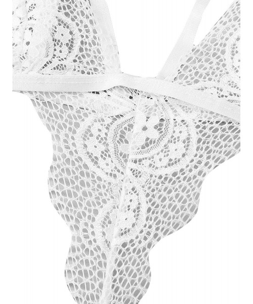 Shapewear Women's Lace Scalloped Trim Teddy Bodysuit Deep V One Piece Lingerie - White - CN193NAC838