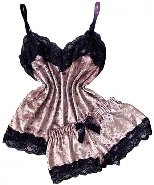 Sets Womens Lace Trim Satin Sleepwear Sexy Silk Lingerie Straps Bralette Panty Set Cami Top & Shorts Pajama Set Pink D - C819...