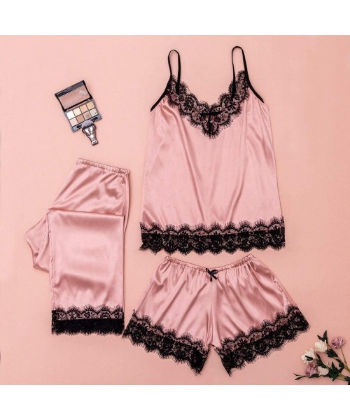 Robes 3PC Women Lace Satin Sleepwear Lingerie Camisole Bow Trousers Casual Pajamas - Pink - CG194KDW3QD