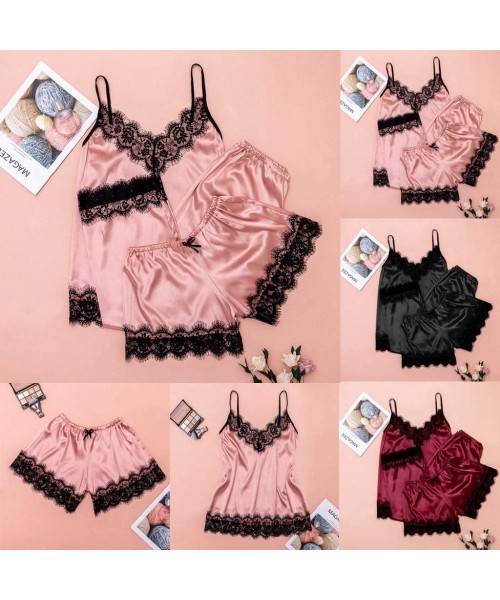 Robes 3PC Women Lace Satin Sleepwear Lingerie Camisole Bow Trousers Casual Pajamas - Pink - CG194KDW3QD