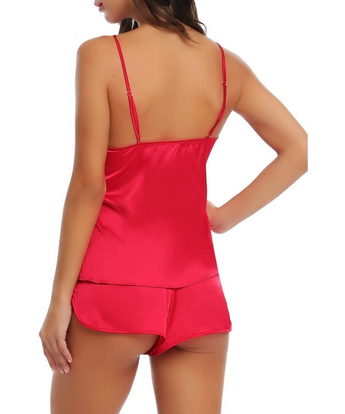 Sets Satin Cami Pajama Shorts Set Sexy Women Silk Sleepwear - Wine Red - CS18RXD28K4