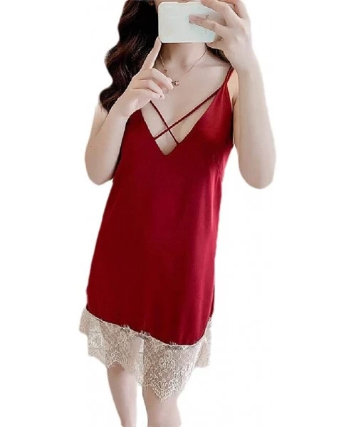 Nightgowns & Sleepshirts Womens Lace Patchwork Sexy Backless Sling Charmeuse Sleep Dress - Red - CS199SOH7ZN