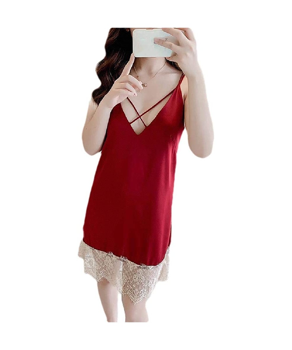 Nightgowns & Sleepshirts Womens Lace Patchwork Sexy Backless Sling Charmeuse Sleep Dress - Red - CS199SOH7ZN
