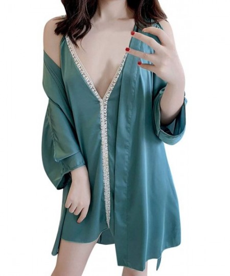 Nightgowns & Sleepshirts Sleepwear Sets for Women Lace Sling Nightgown Deep V Collar Satin Short Robe Kimono Two Piece Nightd...