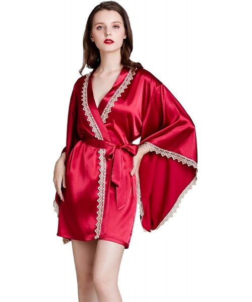 Robes Ladies Sexy Wine-red Kimono Satin Dressing Gown Nightdress Nightgown Sleepwear Bathrobes - Wine-red a - CU197YMOMAO