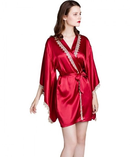 Robes Ladies Sexy Wine-red Kimono Satin Dressing Gown Nightdress Nightgown Sleepwear Bathrobes - Wine-red a - CU197YMOMAO
