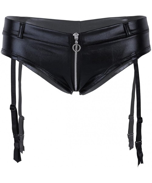 Panties Womens Shiny Zipper Crotch Low Rise Bikini Briefs Special Night Underwear Club Wear - Black With Garters - CI18CGUKNOG