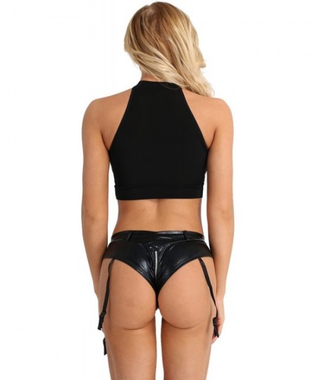 Panties Womens Shiny Zipper Crotch Low Rise Bikini Briefs Special Night Underwear Club Wear - Black With Garters - CI18CGUKNOG