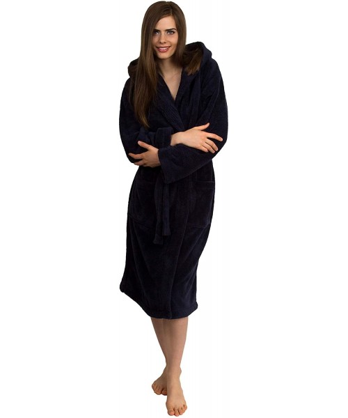 Robes Women's Robe- Plush Fleece Hooded Spa Bathrobe- Made in Turkey - Navy - CQ120S24UW5