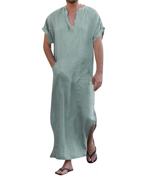 Robes Men's V-Neck Short Sleeve Home Robe Side Split Kaftan Cotton Long Gown Thobe - Green - CN18H05WU37