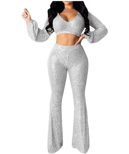 Thermal Underwear Women 2 PC Outfits Off Shoulder Glitter Long Flare Sleeve V Neck Crop Top Pants Set Jumpsuits - A-silver - ...