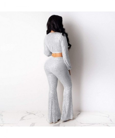 Thermal Underwear Women 2 PC Outfits Off Shoulder Glitter Long Flare Sleeve V Neck Crop Top Pants Set Jumpsuits - A-silver - ...