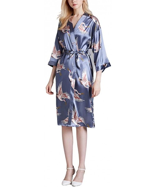 Robes Womens Short Robes Bridesmaid Bride Satin Silk Kimono for Wedding Party Robe Half Sleeve Robes with Sashes Blue - C3194...