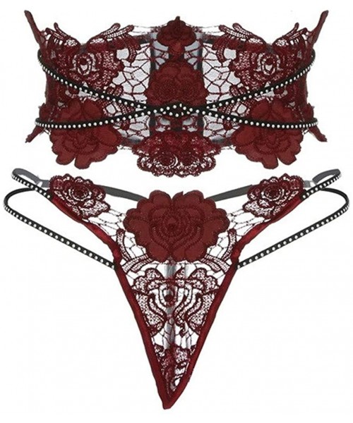 Slips New Womens Leather Sexy Detail Belt Floral Hollow Lingerie with Thong Underwear - Red - CP18XWZSS0S