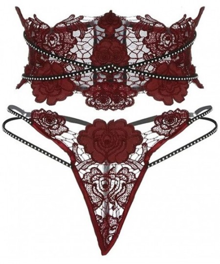 Slips New Womens Leather Sexy Detail Belt Floral Hollow Lingerie with Thong Underwear - Red - CP18XWZSS0S