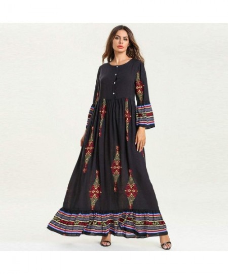 Robes Muslim Dress Dubai Kaftan for Women- Arab Islamic Middle East Ethnic Print Long Sleeve Abaya- MITIY - Navy - C018TML55DU