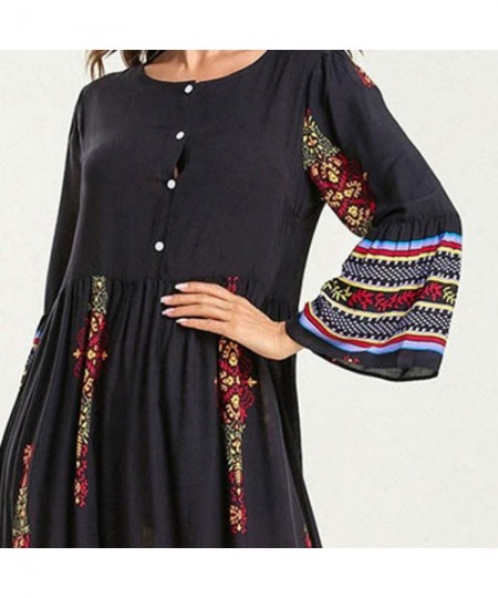 Robes Muslim Dress Dubai Kaftan for Women- Arab Islamic Middle East Ethnic Print Long Sleeve Abaya- MITIY - Navy - C018TML55DU