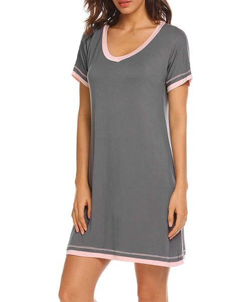 Nightgowns & Sleepshirts Womens Short Nightgown Short Sleeve Sleepwear V Neck Loungwear Pajama Dress - Gray - CY19C8AEMXH