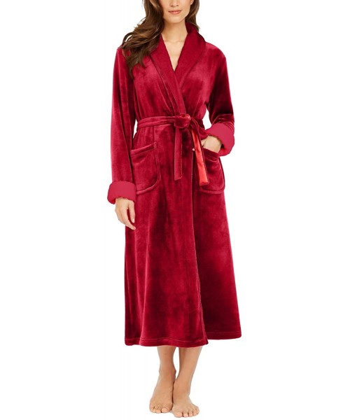 Robes Women's Long Sleeve Fleece French Knit Robe with Waist Tie - Red - CX192UD284U