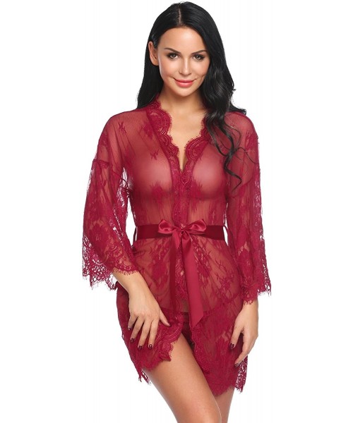 Baby Dolls & Chemises Women Sexy Lingerie Robe Lace Mesh Babydoll Set See Through Sleepwear with G-String - Dark Red - CD1890...