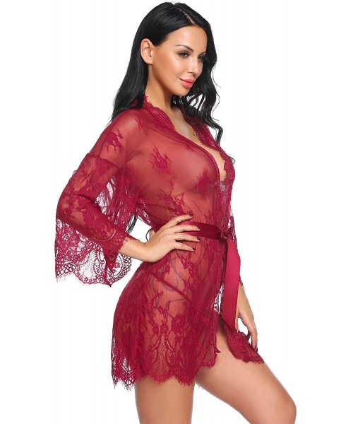 Baby Dolls & Chemises Women Sexy Lingerie Robe Lace Mesh Babydoll Set See Through Sleepwear with G-String - Dark Red - CD1890...