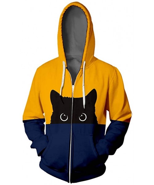 Thermal Underwear Unisex Coat Lover Cat Print Hoodie Hip Hop Zipper Color Stamped Hooded Pullover - Navy - CX192UA5YI0
