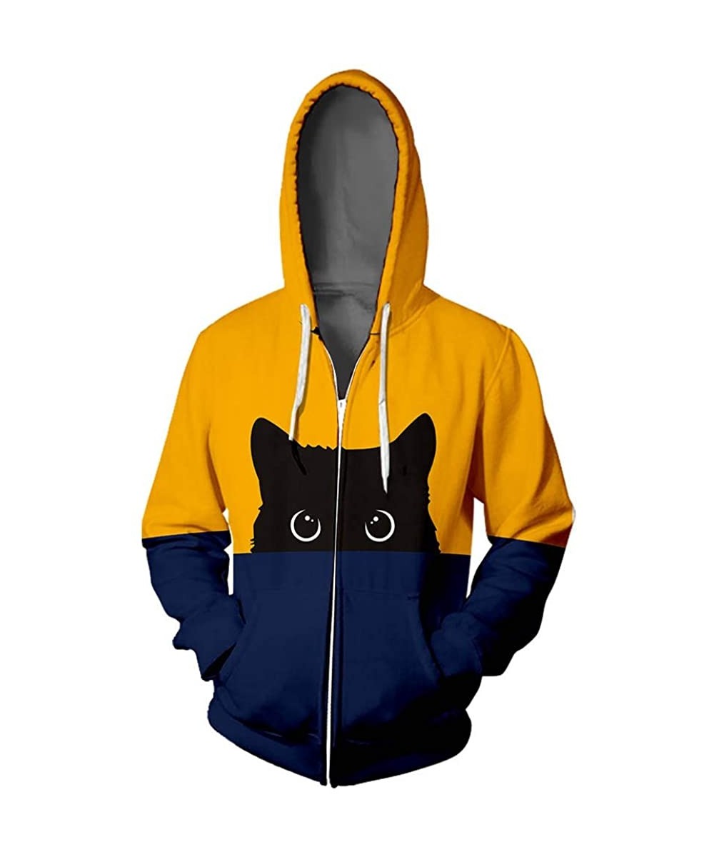 Thermal Underwear Unisex Coat Lover Cat Print Hoodie Hip Hop Zipper Color Stamped Hooded Pullover - Navy - CX192UA5YI0