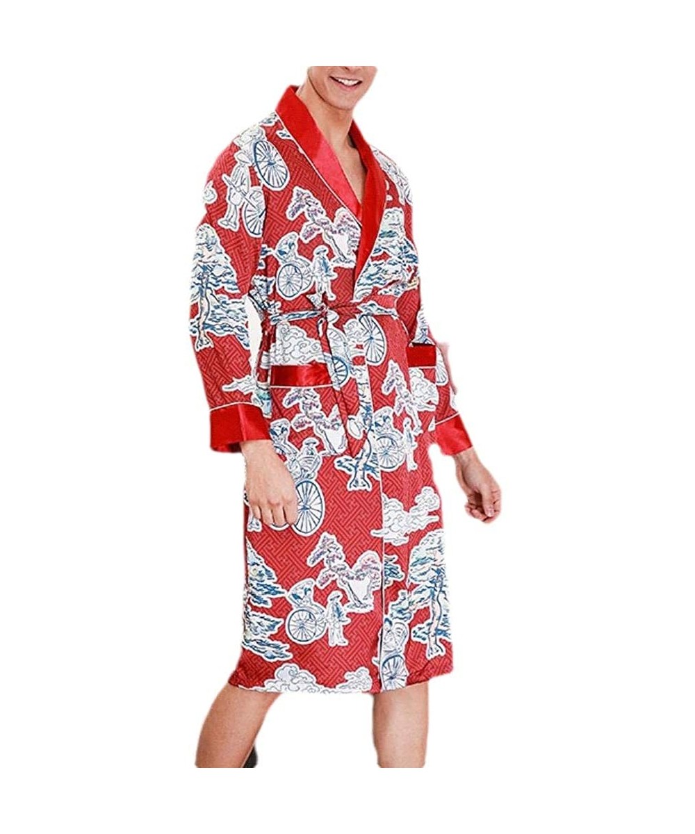 Robes Men Spa Bathrobe Relaxed Charmeuse Lounger Pajama Pocket Bathrobe - Wine Red - CG18T2ZU0U5